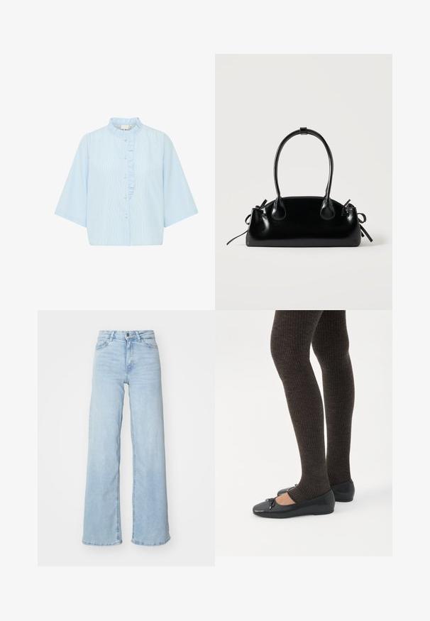 Camisa de botones azul claro con mangas cortas, que presenta rayas verticales blancas y un volante a lo largo de la tapeta de botones. Material de algodón.; Jeans de mezclilla de pierna ancha en azul claro. Presentan una cintura alta, cierre delantero con botón y dos bolsillos. Textura suave con un leve desgaste.; Piernas con leggings oscuros acanalados combinados con bailarinas negras que presentan pequeños detalles de lazo sobre un fondo blanco.; Pequeño bolso negro brillante con dos asas largas y detalles de cordón lateral sobre un fondo claro liso.