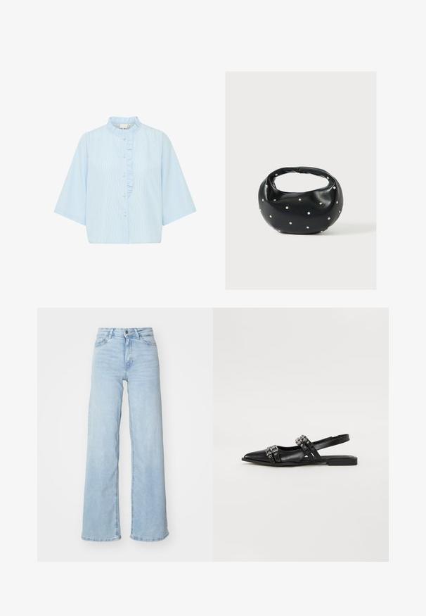 Chemise bleu clair à manches courtes, dotée de rayures verticales blanches et d'un volant le long de la patte de boutonnage. En coton.; Jeans en denim bleu clair à jambes larges. Dispose d'une taille haute, d'une fermeture à bouton à l'avant et de deux poches. Texture lisse avec un léger dégradé.; Even&Odd by Zalando Ballerines à brides arrière - black; Sac à main en cuir noir de forme arrondie, décoré de clous argentés et équipé d'une poignée courte. Texture lisse et fermeture éclair.
