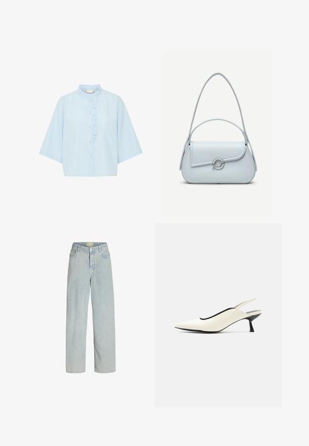 Lysblå skjorte med korte ærmer, der har lodrette hvide striber og en flæse langs knapstolpen. Fremstillet af bomuldsmateriale.; Lyseblå denim brede bukser med høj talje, frontlommer og knaplukning. Stof i en blød, let tekstureret udseende.; Cremefarvet spids tå slingback-sko med lav sort kittenhæl og glat læderfinish på hvid baggrund.; Lyseblå lædertaske med rundet flap, sølvfarvet cirkulært lås og to skulderstropper mod en ensfarvet baggrund.