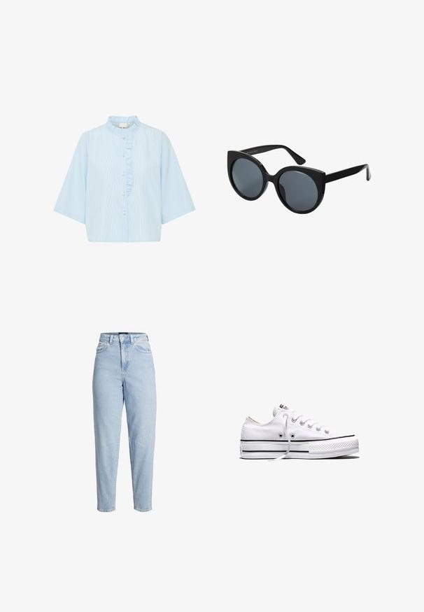 Camisa de botones azul claro con mangas cortas, que presenta rayas verticales blancas y un volante a lo largo de la tapeta de botones. Material de algodón.; Vaqueros de mezclilla azul claro de talle alto con cierre frontal de botones y cremallera, trabillas para cinturón y piernas cónicas.; Zapatilla baja de lona blanca con cordones blancos, rayas negras en la suela y puntera de goma texturizada, vista lateral sobre fondo blanco.; Gafas de sol negras de gran tamaño con forma de ojo de gato, lentes oscuros y montura de plástico brillante. Presenta patillas gruesas para mayor soporte.