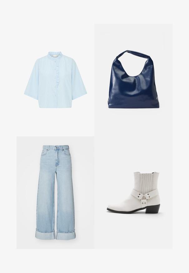 Lysblå skjorte med korte ærmer, der har lodrette hvide striber og en flæse langs knapstolpen. Fremstillet af bomuldsmateriale.; Lysblå brede jeans med høj talje, opsmøgede ben og klassisk denimtekstur. Har frontlommer og lynlås lukning.; Hvide læder ankelstøvler med en let spids tå, rynket rygdetalje og en bred rem med spændehardware over anklen.; Marineblå kunstlæder skuldertaske med en blød, blank overflade, rund form og et enkelt, bredt håndtag for nem bæring.