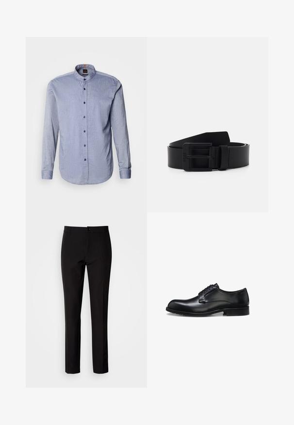 Camisa abotonada de tela azul claro, con cuello tipo banda, mangas largas y botones azul oscuro. Textura suave con un patrón sutil.; Pantalones negros de tela lisa, con diseño de pierna recta, cierre frontal con botón y discretos bolsillos laterales. Aspecto sencillo y entallado.; Zapato de vestir para hombre de cuero negro pulido con cordones cerrados, tacón bajo y detalle sutil de marca cerca del talón sobre un fondo blanco.; Cinturón de cuero negro con un acabado mate, que presenta una hebilla metálica rectangular y una textura suave. Diseño simple sin patrones ni acentos.