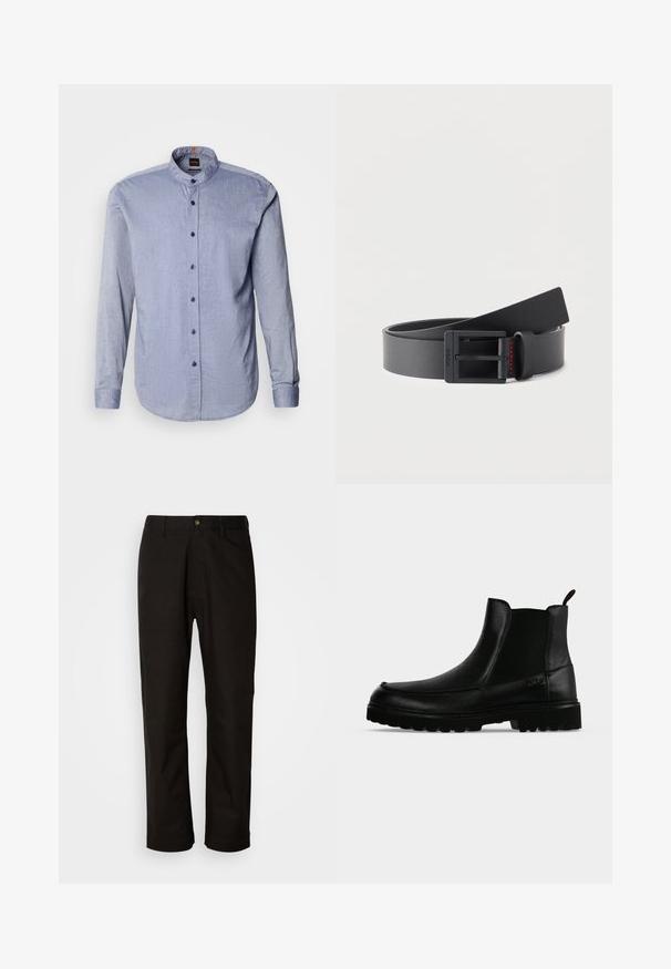 Camisa abotonada de tela azul claro, con cuello tipo banda, mangas largas y botones azul oscuro. Textura suave con un patrón sutil.; Pantalones de algodón negros con corte recto, presillas para el cinturón, cremallera frontal y un solo botón de cierre. Textura suave sin patrones visibles.; Bota negra de cuero hasta el tobillo con suela texturizada, paneles laterales elásticos y pestaña de tirador sobre fondo gris claro.; Cinturón de cuero negro enrollado, con hebilla rectangular negra mate y detalles sutiles de costura roja cerca del lazo de la hebilla.