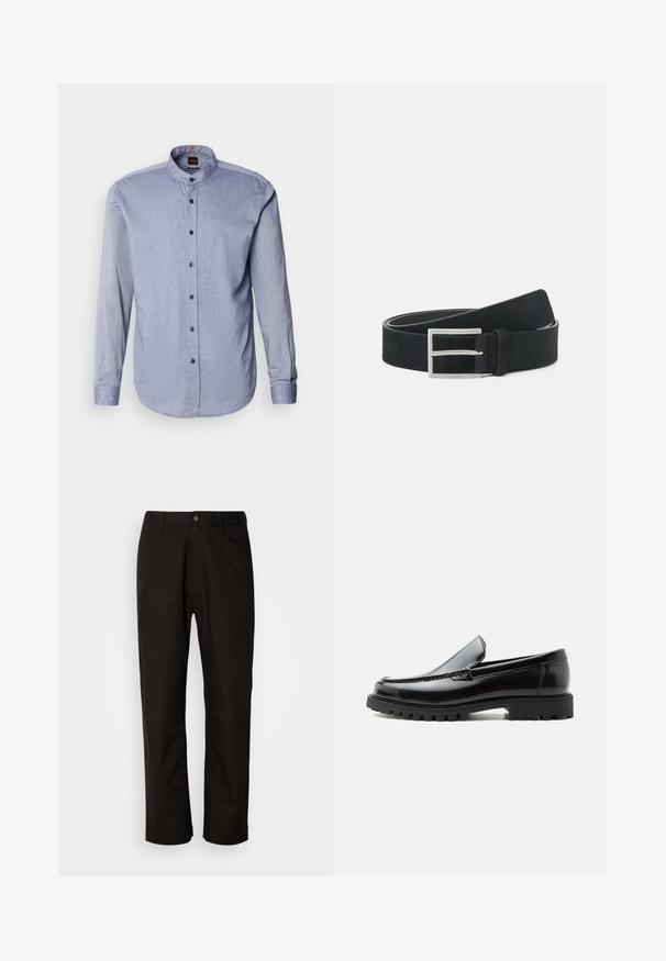 Camisa abotonada de tela azul claro, con cuello tipo banda, mangas largas y botones azul oscuro. Textura suave con un patrón sutil.; Pantalones de algodón negros con corte recto, presillas para el cinturón, cremallera frontal y un solo botón de cierre. Textura suave sin patrones visibles.; Mocasín de cuero negro con suela de goma gruesa, empeine cosido y nombre de la marca en relieve en el talón, mostrado en perfil lateral sobre fondo blanco.; Cinturón de ante negro con hebilla de metal plateado, diseño plano y costura en contraste a lo largo de los bordes. Textura suave en general.