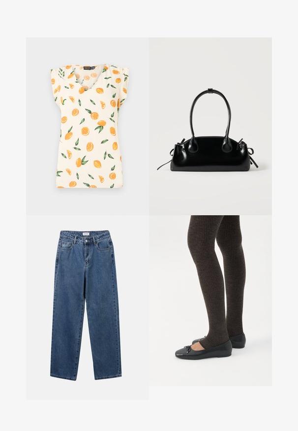 Top de color crema con escote en V y mangas cortas, decorado con patrones de frutas naranjas y hojas verdes. Fabricado con una tela ligera.; Jeans de mezclilla azul clásico con un diseño de pierna recta, cinco bolsillos y cierre de botón. Presenta un lavado medio y una textura resistente.; Piernas con leggings oscuros acanalados combinados con bailarinas negras que presentan pequeños detalles de lazo sobre un fondo blanco.; Pequeño bolso negro brillante con dos asas largas y detalles de cordón lateral sobre un fondo claro liso.