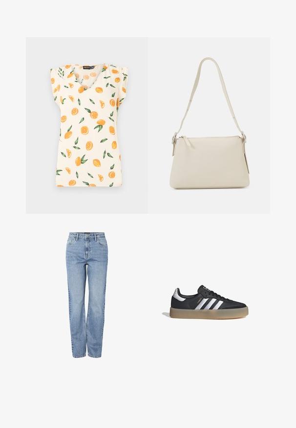 Top de color crema con escote en V y mangas cortas, decorado con patrones de frutas naranjas y hojas verdes. Fabricado con una tela ligera.; Vaqueros denim azul claro de talle alto con pierna recta, con botón frontal, cremallera, trabillas para cinturón y diseño de cinco bolsillos.; Zapatilla deportiva de cuero negro con tres rayas plateadas, punta texturizada y suela de goma. Cuenta con un collar acolchado y un diseño con cordones.; Bolso de hombro beige hecho de cuero suave con cierre de cremallera. Presenta un diseño simple, correa de hombro delgada y acentos de hardware metálico.