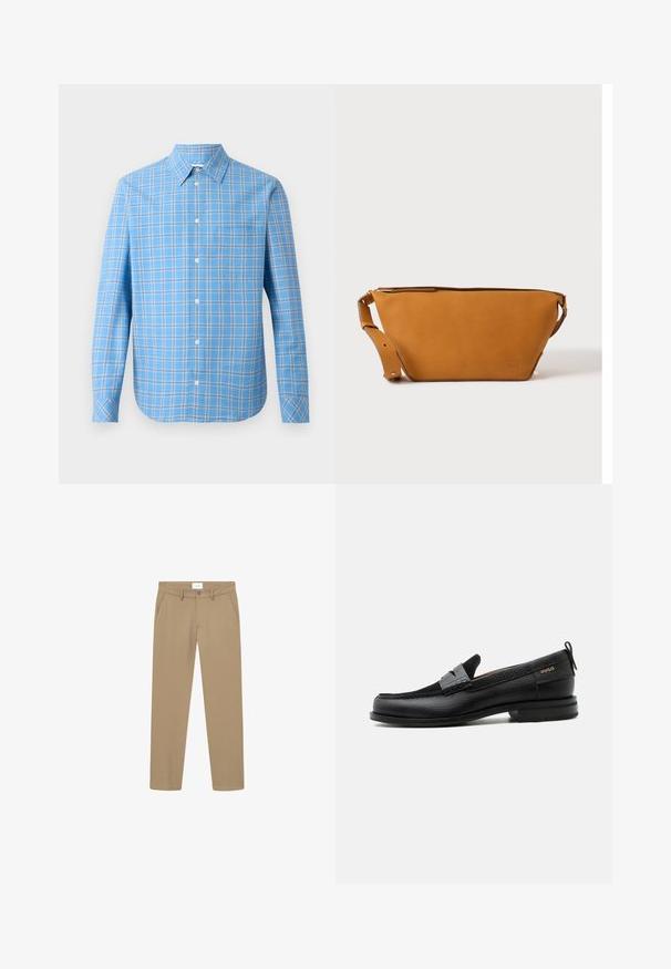 Chemise à carreaux bleu clair à manches longues, col classique et poche poitrine unique. Présente des accents de grille blancs et noirs.; Pantalon beige avec une texture lisse, coupe droite, poches avant et fermeture à bouton. Étiquette visible à la taille.; Mocassin en cuir noir avec détail de bride grise, talon bas et semelle texturée, marqué "HUGO" en or sur le côté.; Sac bandoulière en cuir marron clair avec sangle réglable et fermeture éclair, présenté sur un fond clair uni.