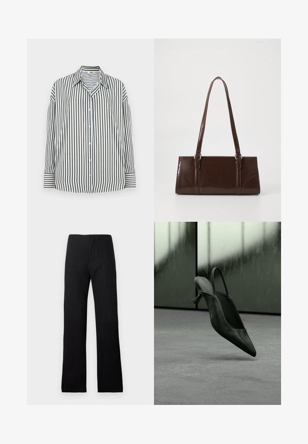 Overhemden in groen en witte verticale strepen, met een klassieke kraag, lange mouwen en een rechte zoom.; Zwarte, rechte broek met hoge taille, met een getailleerde taille en zonder zichtbare zakken of versieringen.; Zwarte leren slingback pumps met hoge hak en spits toelopende neus zwevend boven een grijs tapijtvloer, wazige groenachtige muur op de achtergrond.; Bruine lakleren handtas met een rechthoekige vorm, twee lange handvatten en subtiele gebogen accenten aan de voorkant.