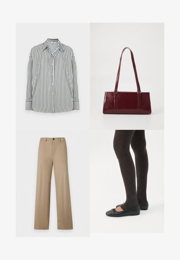 Overhemden in groen en witte verticale strepen, met een klassieke kraag, lange mouwen en een rechte zoom.; Beige broek met hoge taille en wijde pijpen, met riemlussen en een enkele knoopsluiting in de taille.; Benen met donkere geribbelde leggings gecombineerd met zwarte ballerina's met kleine strikdetails op een witte achtergrond.; Bourgondische handtas van glanzend materiaal, rechthoekige vorm, met twee schouderbanden en subtiele gebogen accenten aan de voorkant.