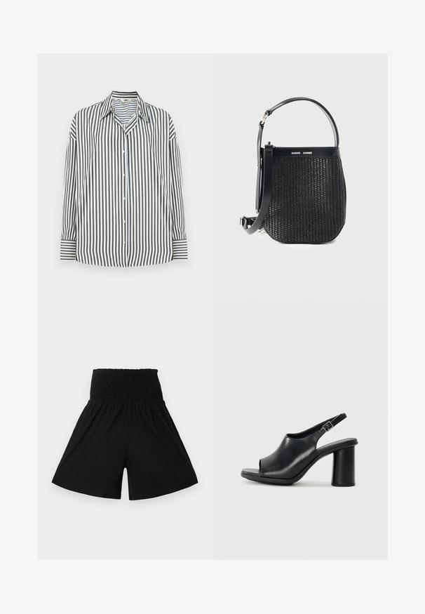 Chemise boutonnée à rayures verticales vertes et blanches, avec un col classique, des manches longues et un ourlet droit.; Shorts noirs taille haute avec une large ceinture élastique froncée et des jambes larges et fluides.; Sandale à talon ouverte noire en cuir avec une silhouette arrondie et un talon cylindrique épais. Comprend une bride de cheville réglable.; Sac à main tissé noir avec base arrondie, garniture en cuir, bandoulière réglable et logo de la marque Samsøe Samsøe sur la bande supérieure.