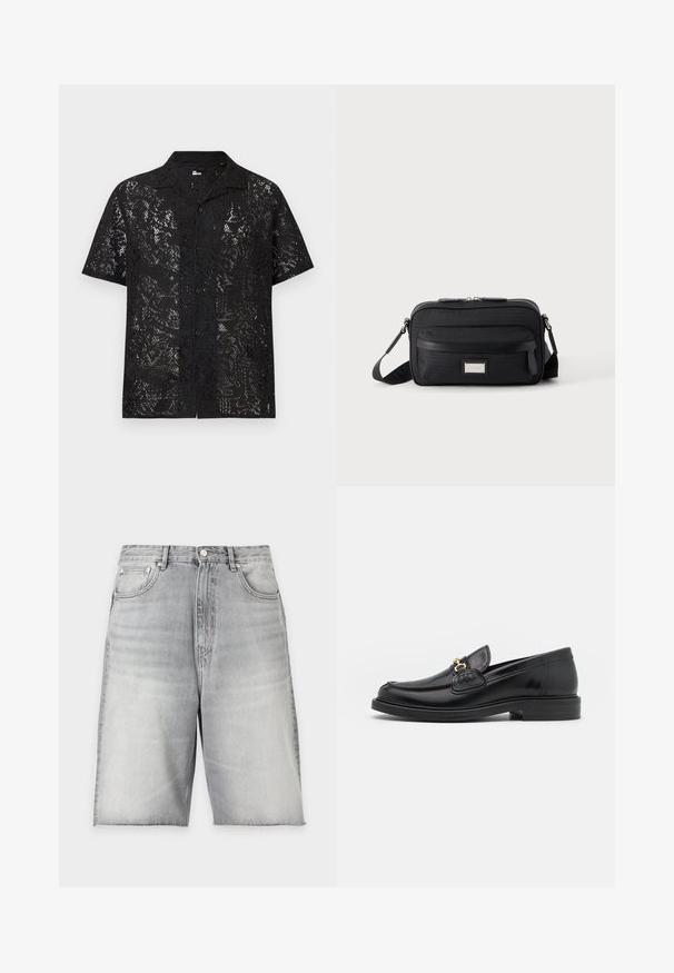 Black short-sleeve button-up shirt with a floral lace pattern and a spread collar, shown against a plain light background.; Light gray denim shorts with a button closure, front pockets, belt loops, and raw hems.; Black leather loafers with a rounded toe, featuring gold hardware accent and stitching detail, set on a low, textured rubber sole.; Black rectangular crossbody bag with front zip pocket, adjustable strap, and silver rectangular logo plate on plain background.