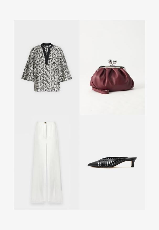 Blouse à motif floral noir et blanc avec des manches larges et une bordure d'encolure en V noire.; Pantalon blanc taille haute à jambes larges avec fente avant, fermeture par bouton et un design épuré et minimaliste.; Mule en cuir noir avec bout pointu, design découpé à brides et petit talon kitten sur fond blanc.; Petit sac pochette en cuir bordeaux avec fermoir métallique argenté et bracelet sur fond blanc.