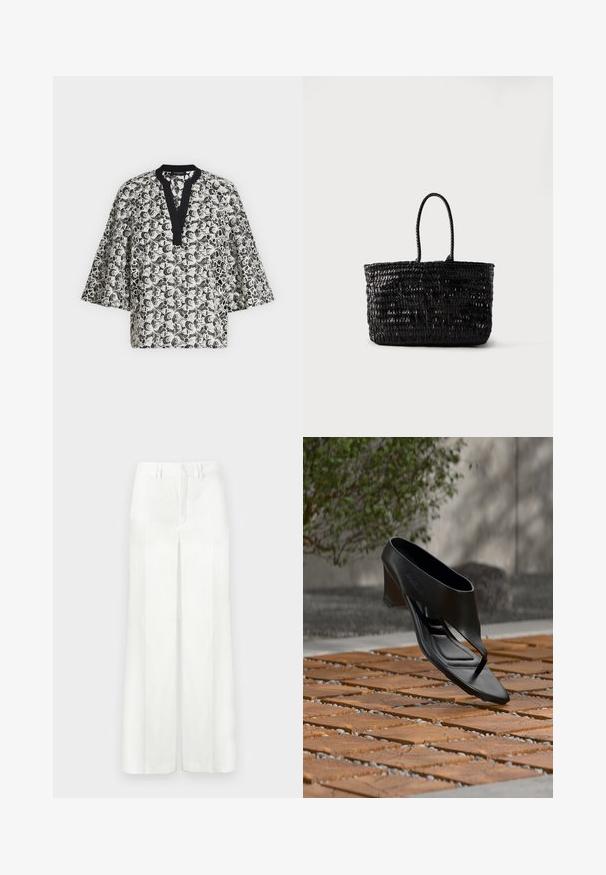 Blouse à motif floral noir et blanc avec des manches larges et une bordure d'encolure en V noire.; Pantalon blanc taille haute, ajusté, avec jambes larges, passants pour ceinture et fermeture avant dissimulée, présenté sur un fond clair.; Sandale noire à talon haut avec une lanière entre les orteils, flottant au-dessus d'une surface extérieure en bois et gravier à motifs, avec un arrière-plan flou de verdure et un mur.; Sac fourre-tout en cuir tressé noir avec deux poignées arrondies, debout sur un fond blanc uni.