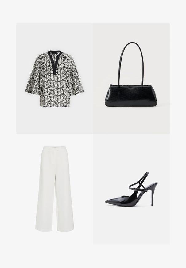 Blouse à motif floral noir et blanc avec des manches larges et une bordure d'encolure en V noire.; Pantalon blanc à jambes larges avec taille haute et design minimaliste épuré, détail de couture avant, sans attaches ni poches visibles.; Chaussure à talon haut en cuir verni noir à bout pointu, avec deux fines brides de cheville ajustables et un talon aiguille, vue de côté.; Sac à épaule rectangulaire noir avec de longues bretelles fines et une texture lisse et brillante sur un fond uni.