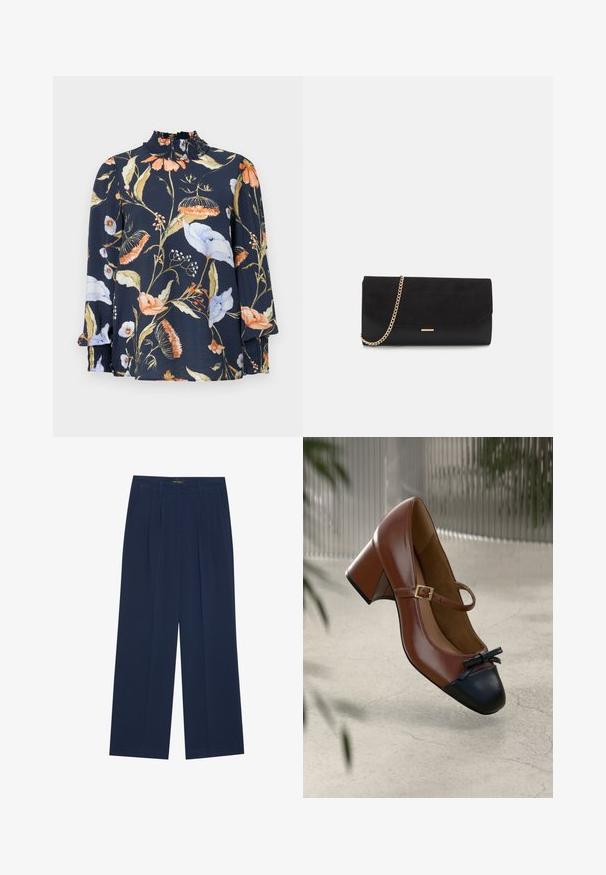Donkerblauwe blouse met lange mouwen en bloemenprints in oranje, wit en groen. Heeft een geraffineerde hals en elastische manchetten. Zachte stoftextuur.; Navyblauwe wijde broek van gladde stof, met twee voorkleven en voorplooien, in een rechte snit en met een nette zoom.; Bruine leren Mary Jane hak met zwarte neuskap, zwart strikje, gouden gespsluiting en blokhak op lichte, gestructureerde vloer.; Zwarte clutch tas gemaakt van suede met een textuurafwerking, voorzien van een gouden schouderband en een strakke, hoekige vorm.