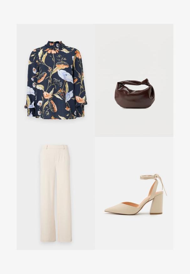 Langærmet mørkeblå bluse med blomsterprint i orange, hvid og grøn. Har en sammensnøret hals og elastiske manchetter. Blød stofstruktur.; Lyse beige brede bukser med frontfolder, en glat tekstur og sidelommer. Lavet af et blødt stof med en skræddersyet design.; Beige højhælede sko med spids tå, ankelrem og en bred blokhæl. Glat syntetisk materiale med en mat finish.; Mørkebrun læder skuldertaske med en blød, afslappet form og et snoet knudehåndtag på en ensartet hvid baggrund.