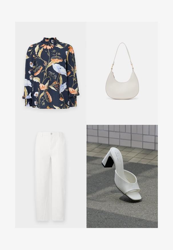 Langærmet mørkeblå bluse med blomsterprint i orange, hvid og grøn. Har en sammensnøret hals og elastiske manchetter. Blød stofstruktur.; Hvide straight-leg jeans lavet af denim, med knaplukning, to frontlommer og rene syninger. Simpelt design uden synlige mønstre.; Enkelt hvid åben tå mule med blokhæl står på grå asfalt mod en flisebelagt væg.; Cremefarvet læder skuldertaske med en halvmåneform, tynd rem og diskrete syninger. Minimalistisk design med hardware-accenter i guldton.