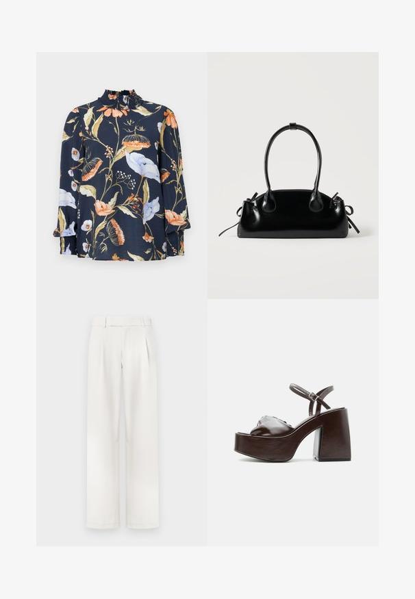 Blusa de manga larga azul marino con estampado floral en naranja, blanco y verde. Presenta un cuello fruncido y puños elásticos. Textura de tela suave.; Pantalones de pierna ancha color crema con un frente plano, pliegues y una textura de tela suave. Diseñados con presillas para cinturón y dobladillos ajustados.; Sandalia de plataforma de cuero marrón oscuro con tacón grueso de bloque, puntera abierta y correa ajustable en el tobillo con hebilla metálica.; Pequeño bolso negro brillante con dos asas largas y detalles de cordón lateral sobre un fondo claro liso.