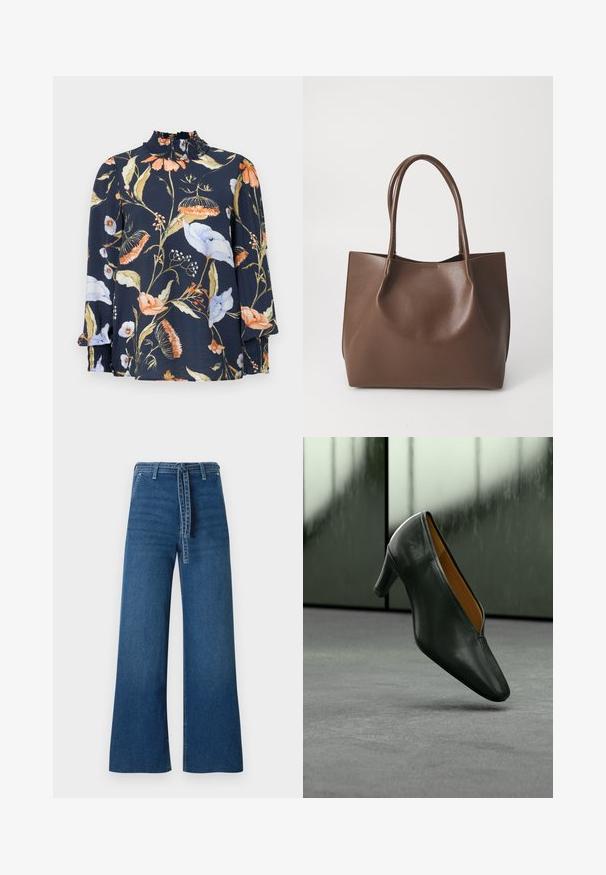 Donkerblauwe blouse met lange mouwen en bloemenprints in oranje, wit en groen. Heeft een geraffineerde hals en elastische manchetten. Zachte stoftextuur.; TOM TAILOR DENIM TTMIJA CULOTTE FIT - Flared Jeans - used mid stone blue denim; Zwarte leren schoen met middelhoog hak die boven een grijs tapijt zweeft met een wazige glasraam op de achtergrond.; Bruine leren tote bag met twee lange handvatten, gestructureerde vorm, gladde textuur en minimalistisch design. Geen zichtbare hardware of accenten.