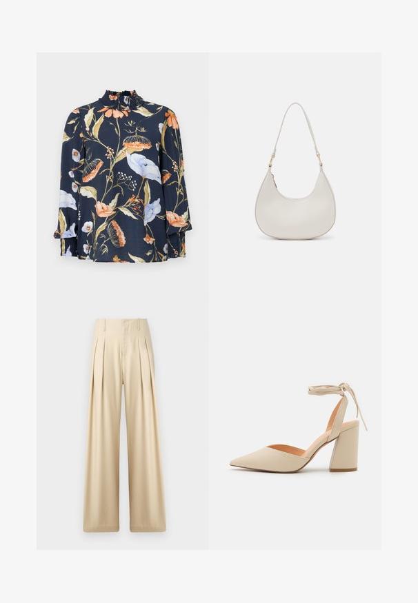 Blusa de manga larga azul marino con estampado floral en naranja, blanco y verde. Presenta un cuello fruncido y puños elásticos. Textura de tela suave.; Pantalones de pierna ancha de color beige, confeccionados con una tela suave. Cuentan con pliegues marcados, una cintura alta y detalles de costura sutiles para un aspecto a medida.; Zapato de tacón alto beige con punta afilada, tira de tobillo y tacón ancho. Material sintético suave con un acabado mate.; Bolso de hombro de cuero crema con forma de media luna, correa delgada y sutil detalle de costuras. Diseño minimalista con acentos de hardware en tono dorado.