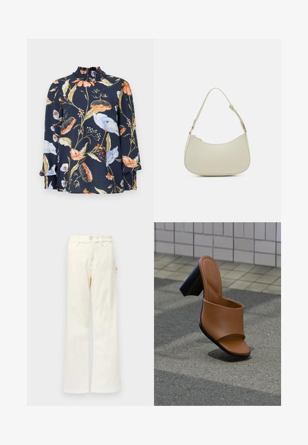 Langærmet mørkeblå bluse med blomsterprint i orange, hvid og grøn. Har en sammensnøret hals og elastiske manchetter. Blød stofstruktur.; Good American GOOD 90S CARPENTER - Wide leg - white denim; Brun slip-in sandal i kunstlæder med en glat tekstur, åben tå og en chunky sort hæl. Minimalistisk design med en bred rem tværs over foden.; Pieces PCALUANA SHOULDER BAG - Håndtasker - birch
