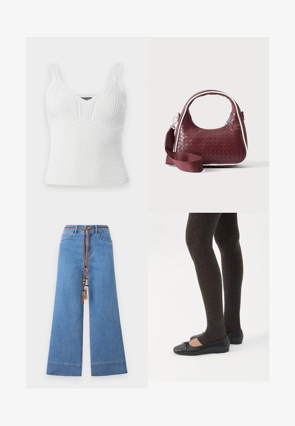 Hvid ribbet strikket tanktop med brede stropper, har et tekstureret mønster og en tætsiddende silhuet, designet til en tæt pasform.; Lyseblå denimbukser med vid ben og en flettet brun snor i taljen, der har dekorative perler og et traditionelt fem-lomme-design.; Ben iført mørke ribbede leggings kombineret med sorte balletsko med små sløjfedetaljer på hvid baggrund.; Mørkerød vævet lædertaske med buet hank, hvid kant, sølv lynlås og aftagelig bred stofskulderrem mod en ensfarvet baggrund.