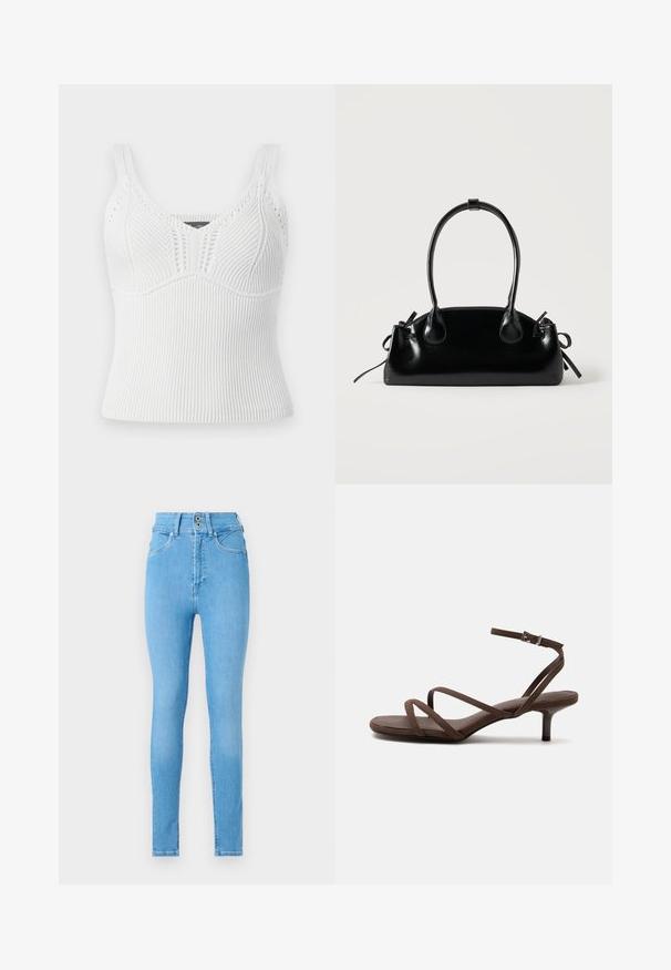 Hvid ribbet strikket tanktop med brede stropper, har et tekstureret mønster og en tætsiddende silhuet, designet til en tæt pasform.; Slanke jeans i lys blå denim, høj talje-design med to-knap lukning, fem-lomme stil og glat tekstur.; Brun højhælet sandal med tynde krydsede stropper og en ankelrem med en sølvspænde på en hvid baggrund.; Lille sort blank håndtaske med to lange håndtag og snøre-detaljer i siden på en ensfarvet lys baggrund.