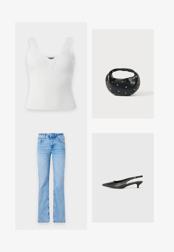 Hvid ribbet strikket tanktop med brede stropper, har et tekstureret mønster og en tætsiddende silhuet, designet til en tæt pasform.; Lyseblå denim flared jeans med fem lommer, knaplukning og bæltestropper, med slidte områder og en glat tekstur.; Sorte spidse slingback-sko lavet af glat læder. Har en tynd hæl og en spænde detalje på den justerbare rem.; Sort læderhåndtaske med en rundet form, dekoreret med sølvnitter, og et kort håndtag. Glat tekstur og lynlåslukning.