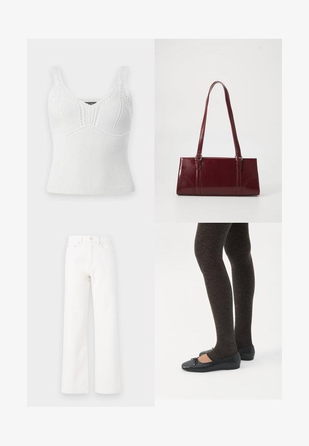 Hvid ribbet strikket tanktop med brede stropper, har et tekstureret mønster og en tætsiddende silhuet, designet til en tæt pasform.; Hvide denimjeans, højtaljede, design med brede ben, klassisk fem-lomme stil, foran knap- og lynlåslukning, glat tekstur uden synlige mønstre.; Ben iført mørke ribbede leggings kombineret med sorte balletsko med små sløjfedetaljer på hvid baggrund.; Bordeaux håndtaske lavet af glansfuldt materiale, rektangulær form, med to skulderremme og subtile buede detaljer på forsiden.