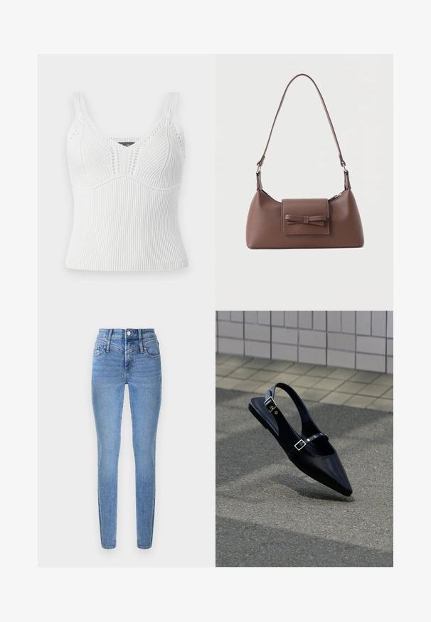 Hvid ribbet strikket tanktop med brede stropper, har et tekstureret mønster og en tætsiddende silhuet, designet til en tæt pasform.; Smaltsiddende jeans i lyseblåt denim med høj talje, to forlommer og lynlåslukning. Har en glat tekstur og subtil falmning.; Sort flad slingback med spids tå og dobbelte spænder, hvilende på grå asfalt nær flisevæg.; Brun skuldertaske i læder med en frontlomme med klap, der har en sydd sløjfedetalje, og en justerbar rem.