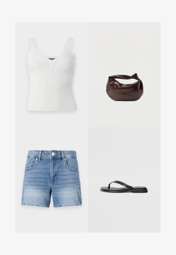 Hvid ribbet strikket tanktop med brede stropper, har et tekstureret mønster og en tætsiddende silhuet, designet til en tæt pasform.; Lyseblå denimshorts med knaplukning foran, lynlåslukning, bæltestropper og forlommer på en ens hvid baggrund.; Sorte flip-flops lavet af glat læder, med et tyndt remdesign og en flad sål med et minimalt profil. Ingen bemærkelsesværdige mønstre eller accenter.; Mørkebrun læder skuldertaske med en blød, afslappet form og et snoet knudehåndtag på en ensartet hvid baggrund.