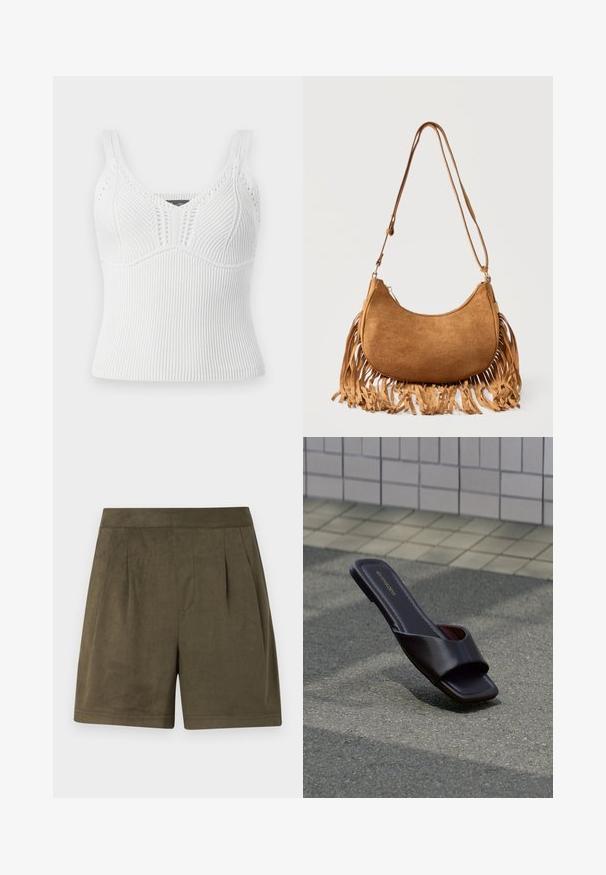 Hvid ribbet strikket tanktop med brede stropper, har et tekstureret mønster og en tætsiddende silhuet, designet til en tæt pasform.; Mørk olivengrønne shorts lavet af et blødt, suede-lignende materiale, med en plisseret design, mellemlang længde og en ren, struktureret talje.; Mørkebrun sandal med åben tå, firkantet tå og bred rem, hvilende på grå asfalt nær flisebelagt fortov.; Brun ruskinds skuldertaske i halvmåneform med lang rem og frynser langs de nederste kanter mod en hvid baggrund.
