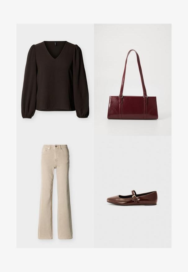 Blouse noire à manches longues avec décolleté en V, épaules bouffantes et poignets élastiques, présentée sur un fond clair uni.; Jean beige taille haute avec bouton et fermeture éclair à l'avant, cinq poches, et une jambe légèrement évasée sur un fond uni.; Ballerine en cuir verni marron avec un bout carré et une lanière ornée d'une petite boucle dorée. Texture lisse, talon bas et design minimaliste.; Sac à main bordeaux en matériau brillant, de forme rectangulaire, avec deux anses et des accents légèrement courbés à l'avant.