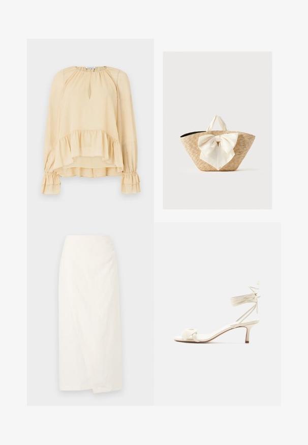 Blouse beige à manches longues avec des paillettes subtiles, décolleté en forme de trou de serrure, ourlet volanté et poignets froncés à volants sur un fond uni.; Jupe blanche mi-longue en tissu léger, avec un design en portefeuille et une surface douce et texturée. Lignes simples et épurées, sans embellissements.; Sandale à talon bas de couleur crème avec des liens à nouer autour de la cheville et une large bride torsadée sur les orteils, sur un fond blanc uni.; Sac cabas en paille tissée avec des poignées en tissu crème et un grand nœud décoratif crème à l'avant, sur un fond uni.