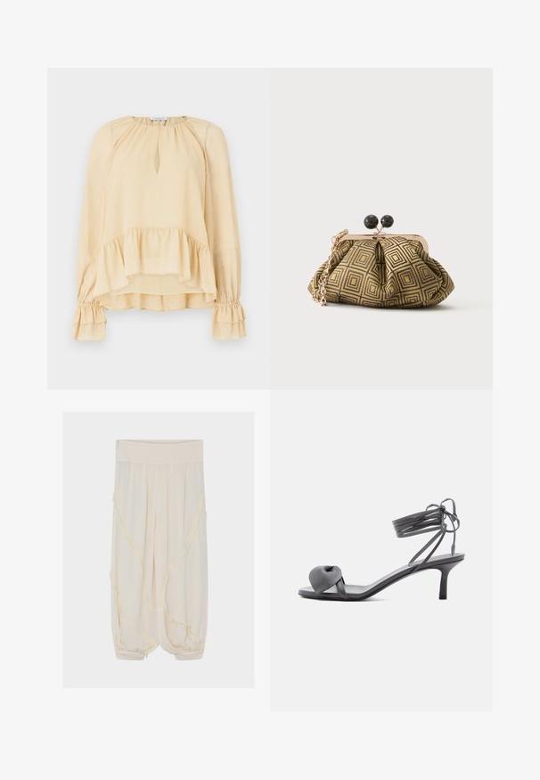 Blouse beige à manches longues avec des paillettes subtiles, décolleté en forme de trou de serrure, ourlet volanté et poignets froncés à volants sur un fond uni.; Pantalon ample couleur crème avec une large ceinture élastique et des poignets élastiques froncés, avec des détails subtils de couture verticale.; Sandale à talon en cuir gris avec une bride nouée sur les orteils et des lacets enroulants autour de la cheville, sur un talon moyen et fin, sur fond blanc.; Petite pochette avec motif géométrique doré et noir, cadre en métal doré, fermeture à boule noire et une courte chaîne dorée.
