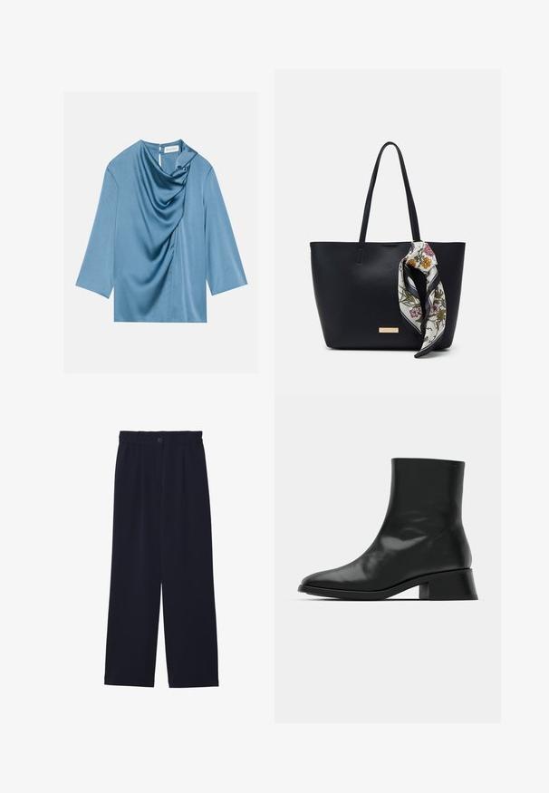 Blouse en satin bleu avec un devant drapé, un col rond et des manches trois-quarts. Texture lisse avec un léger éclat et un détail en trou de serrure au dos.; Pantalons large bleu marine avec une texture lisse, taille élastique, pli avant unique et fermeture à bouton à la taille.; Bottine noire en cuir brillant, au design épuré, avec un bout pointu et un petit talon bloc pour plus de stabilité.; Sac fourre-tout en cuir noir avec deux poignées, orné d'une écharpe en soie florale attachée à la poignée et d'un accent logo métallique à l'avant.