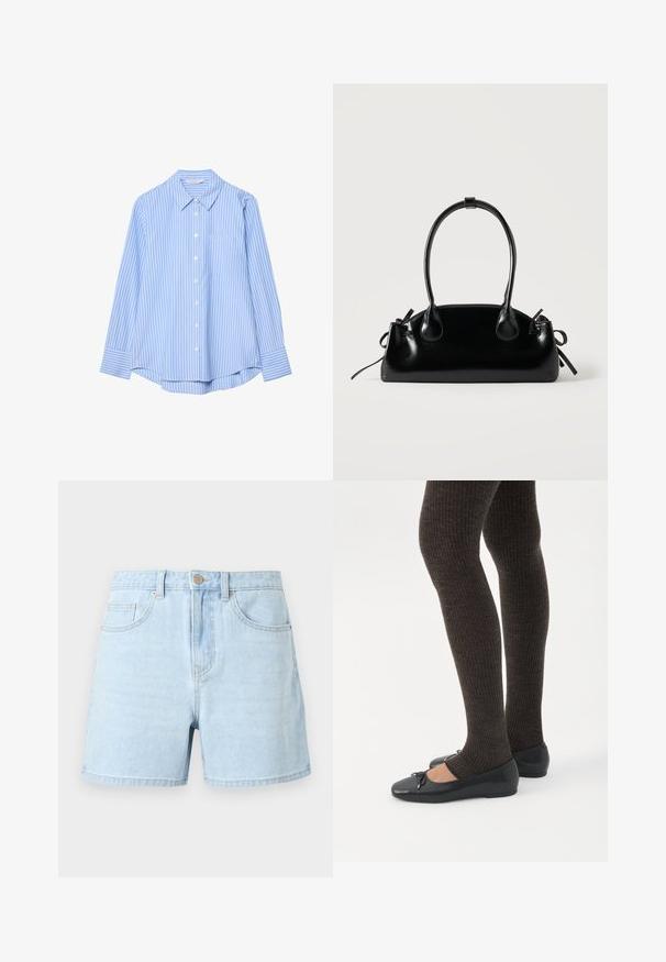 Lichtblauw overhemd met witte verticale strepen, lange mouwen, een kraag en een borstzak. Soepele stof met een relaxte pasvorm.; Lichtblauwe denim shorts met knoop aan de voorkant, lussen voor een riem en twee voorzakken, afgebeeld op een effen achtergrond.; Benen met donkere geribbelde leggings gecombineerd met zwarte ballerina's met kleine strikdetails op een witte achtergrond.; Kleine zwarte glanzende handtas met twee lange hengsels en zijkant trekkoord details op een effen lichte achtergrond.