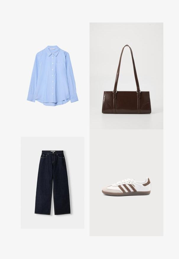 Chemise bleu clair à boutons avec rayures blanches verticales, manches longues, col et une poche poitrine unique. Tissu lisse avec une coupe décontractée.; Jean large en denim bleu foncé à taille haute, avec cinq poches, des coutures contrastées et des éléments en métal argenté. Texture lisse et finition soignée.; Baskets Adidas Samba blanches avec des bandes en daim marron, semelle en caoutchouc marron et bout en daim beige, vues du côté extérieur sur un fond uni.; Sac à main en cuir verni marron de forme rectangulaire, avec deux longues poignées et des accents courbés subtils à l'avant.