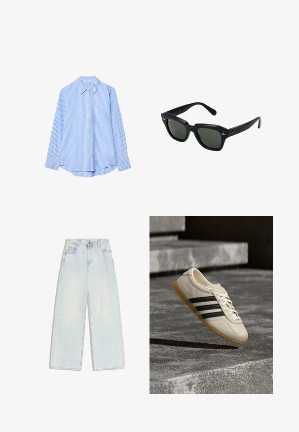 Chemise bleu clair à boutons avec rayures blanches verticales, manches longues, col et une poche poitrine unique. Tissu lisse avec une coupe décontractée.; Jean large bleu clair avec cinq poches, passants pour ceinture et fermeture à bouton sur la ceinture avant.; Baskets blanches avec des bandes noires et une semelle en gomme flottant au-dessus d’escaliers en béton dans une lumière douce du jour.; Lunettes de soleil carrées noires avec des verres vert foncé, présentant des montures audacieuses et des accents argentés sur les côtés. Fabriquées en Italie.