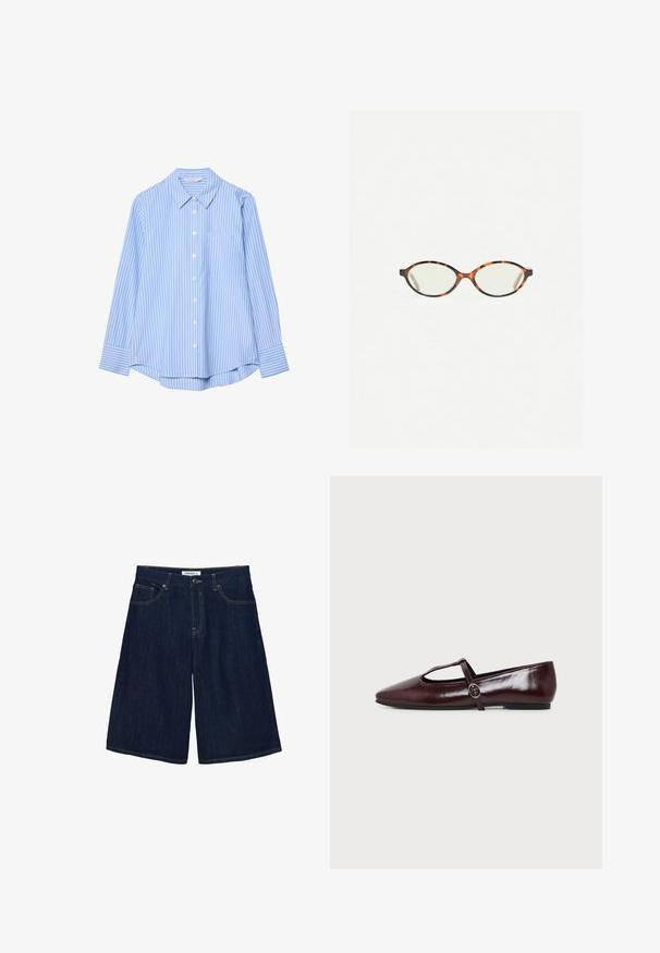 Lichtblauw overhemd met witte verticale strepen, lange mouwen, een kraag en een borstzak. Soepele stof met een relaxte pasvorm.; Donkerblauwe denim korte broek tot op de knie met knoop- en ritssluiting, voor- en achterzakken, en contrasterende stiksels.; Donker bordeauxrode leren platte schoen met een puntige neus en een dunne T-strap met een zilveren gesp op een witte achtergrond.; Kattenoogbril met ovale lenzen en een strakke, gladde afwerking. Heeft dunne zijkanten met een subtiele kromming bij de slapen. Transparante lenzen.