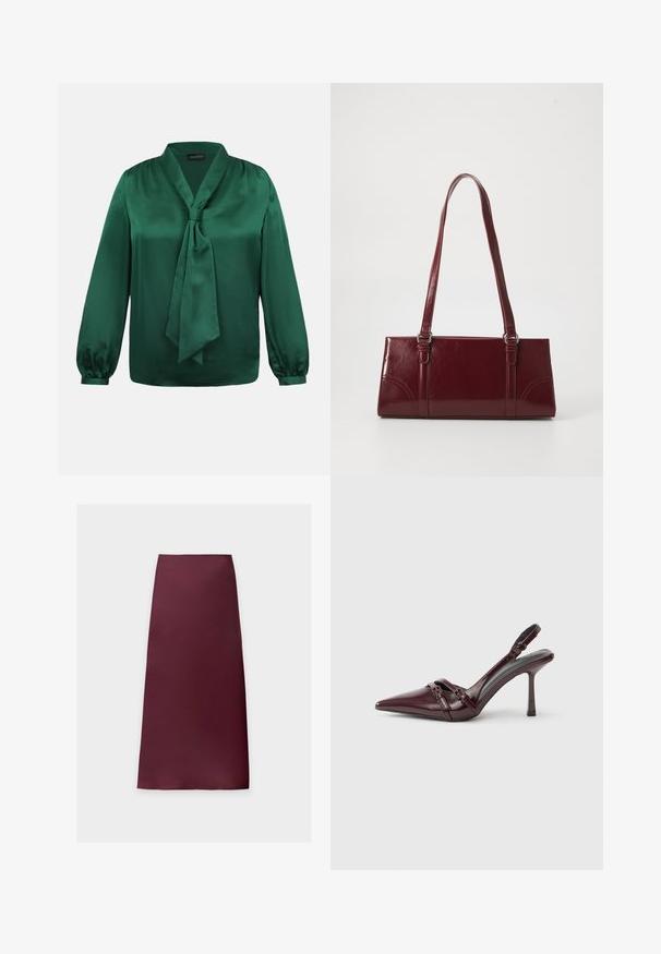 Blouse en satin vert émeraude à manches longues avec un nœud noué au col, présentant de légers fronces aux épaules et aux poignets.; Jupe midi droite de couleur bordeaux foncé unie, en tissu lisse sans motifs ni ornements visibles.; Escarpin slingback en cuir verni bordeaux avec bout pointu, fine bride à la cheville et petit détail décoratif de boucle. Texture lisse et talon haut.; Sac à main bordeaux en matériau brillant, de forme rectangulaire, avec deux anses et des accents légèrement courbés à l'avant.