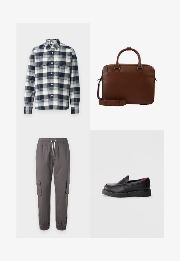 Karierte Hemd aus Stoff in Marineblau und Weiß. Mit button-down Kragen, Brusttasche und langen Ärmeln.; Pier One RELAXED CARGO - Cargohose - dark grey; Schwarzer Lederschlupfschuh mit Mokassin-Nähten, Gummisohle und strukturiertem Finish. Hat dezente Markenkennzeichnung an der Seite.; Tiger of Sweden BOSUN - Aktentasche - cognac