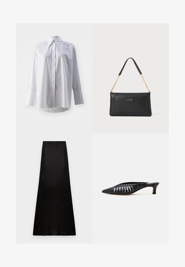 Witte blouse met lange mouwen in een gladde katoenmix, met een klassieke kraag, centrale knoopsluiting en brede manchetten.; Lange zwarte satijnen rok met hoge taille en licht uitlopende zoom op een witte achtergrond.; Zwarte leren mule met puntige neus, riemdesign met uitsnijdingen en lage kittenhiel op een witte achtergrond.; Zwarte leren clutch met een gepolijste textuur, gouden schouderband en een voorvak. Voorzien van een gouden logo op de voorkant.
