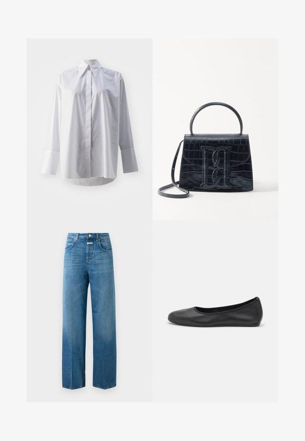 Witte blouse met lange mouwen in een gladde katoenmix, met een klassieke kraag, centrale knoopsluiting en brede manchetten.; Hoge taille rechte spijkerbroek van blauw denim met voor- en achterzakken, knoopsluiting en riemlussen op een witte achtergrond.; Zwarte leren ballerina met een ronde neus, gladde textuur, minimale stikdetails en een flexibele zoolontwerp.; Zwarte handtas van krokodillleer met een gestructureerd ontwerp, bovenhandvat, verstelbare schouderband en een opvallend voorlogo.