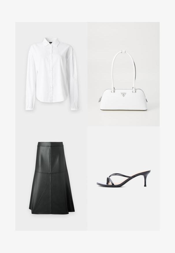 Witte blouse met lange mouwen, kraag, knoopsluiting aan de voorkant en ingezette manchetten. Gemaakt van zacht, lichtgewicht stof met een gladde textuur.; Zwarte leren A-lijn rok, met een gladde textuur, tot halverwege de kuit, met horizontale stikdetails in de taille en naden voor extra structuur.; Zwarte laklederen sandaal met hakken, dunne gekruiste bandjes en een slanke, middelhoog stilettohak op een witte achtergrond.; Witte leren handtas met een gebogen vorm, voorzien van een zilveren driehoekig logo en ritssluiting. Gladde textuur en dubbele handvaten.
