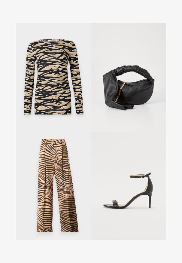Top de manga larga con un patrón abstracto de olas en negro y beige sobre una tela suave y elástica. Diseño ajustado con escote redondo y mangas ajustadas.; Pantalones de pierna ancha en un patrón de rayas de cebra en tonos beige y marrón, que presentan pliegues, una cintura alta y una textura suave y brillante.; Sándalo de tacón alto de piel negra con tiras en el tobillo. Presenta una textura suave, puntera abierta y un tacón delgado. Detalles de hebilla en tono dorado.; Bolso de mano de piel negra con un asa retorcida, acento de cadena dorada y forma redondeada. Presenta una textura suave y cierre de cremallera.