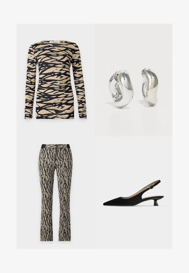 Top de manga larga con un patrón abstracto de olas en negro y beige sobre una tela suave y elástica. Diseño ajustado con escote redondo y mangas ajustadas.; Pantalones de color negro y beig con un diseño estampado, con una cinturilla ajustada, que presentan un diseño de rayas abstracto, confeccionados en una suave y elástica tela.; Zapato slingback negro con punta afilada, tacón bajo tipo kitten y tira con hebilla dorada, mostrado de perfil sobre un fondo claro y liso.; Pendientes escultóricos de plata con formas suaves y curvas y superficies reflectantes. Presentan un diseño de aro cerrado y una forma orgánica distintiva.