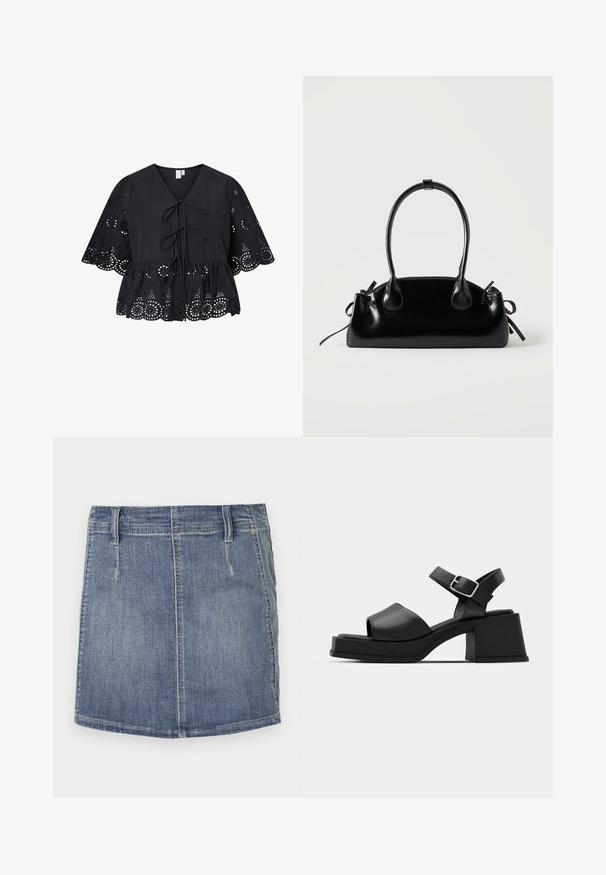 Sort bluse med korte, brede ærmer, der har V-hals, bindebånd foran og et indviklet hulmønster ved kanten og ærmerne.; Denim mini nederdel i lys blå med en klassisk pasform. Har forlommer og bæltestropper, samt en lige kant og subtil lysning.; Sorte læder platform sandaler med peep-toe design, ankelrem og en kraftig firkantet hæl. Glat tekstur og minimalistisk stil.; Lille sort blank håndtaske med to lange håndtag og snøre-detaljer i siden på en ensfarvet lys baggrund.
