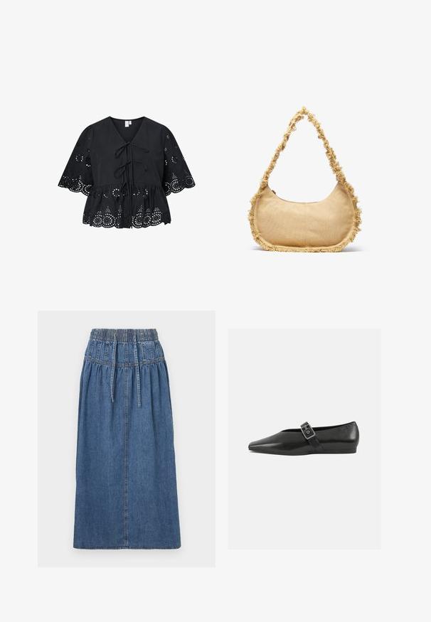 Sort bluse med korte, brede ærmer, der har V-hals, bindebånd foran og et indviklet hulmønster ved kanten og ærmerne.; Denim midi-nederdel med elastisk talje, snørejustering og lige silhuet. Blå farve med subtil tekstur og syningsdetaljer.; Sorte læder flade sko med spidse tæer, prydet med en metallisk spænde over vristen og en lav, fleksibel sål.; Struktureret beige taske med en rund form, frynset kant langs kanterne og en kort rem til at bære. Lynlåsåbning på toppen.