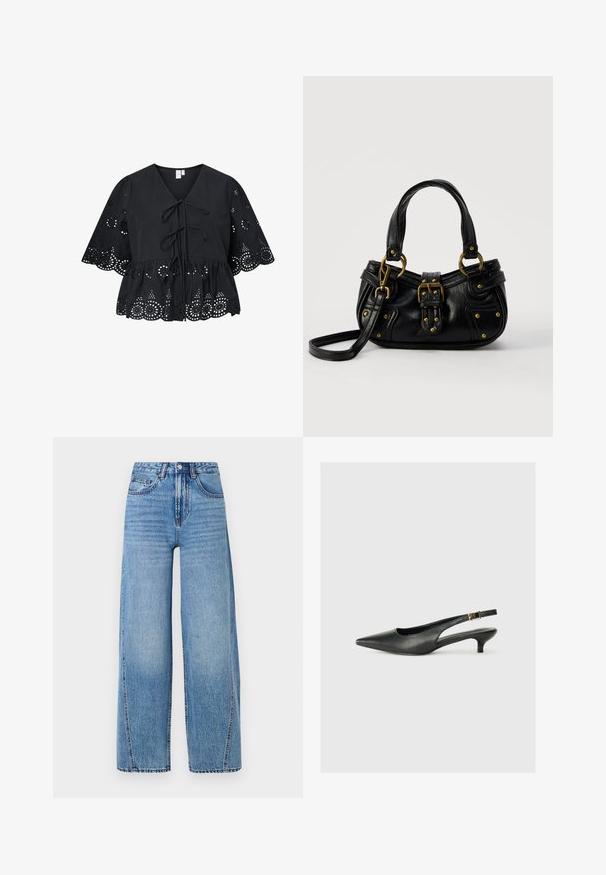 Sort bluse med korte, brede ærmer, der har V-hals, bindebånd foran og et indviklet hulmønster ved kanten og ærmerne.; Højtaljede, lyseblå, brede denim jeans med forlommer, bælteløkker, knaplukning og synlige sømdetaljer.; Sorte spidse slingback-sko lavet af glat læder. Har en tynd hæl og en spænde detalje på den justerbare rem.; Sort læderhåndtaske med guldbælge og nitdetaljer, korte håndtag og en justerbar skulderrem på en ensfarvet hvid baggrund.